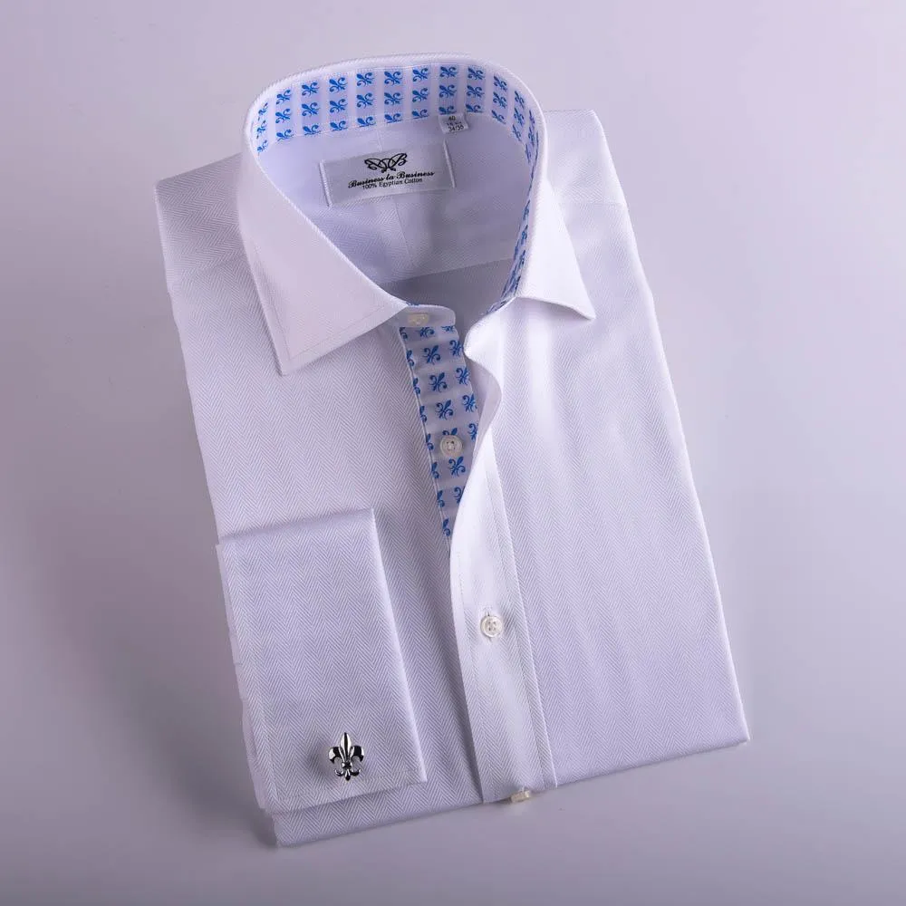 The White Herringbone Formal Business Dress Shirt Blue Fleur-De-Lis Fashion