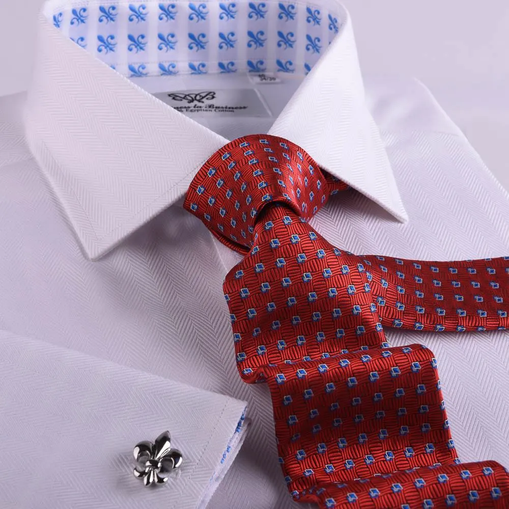 The White Herringbone Formal Business Dress Shirt Blue Fleur-De-Lis Fashion