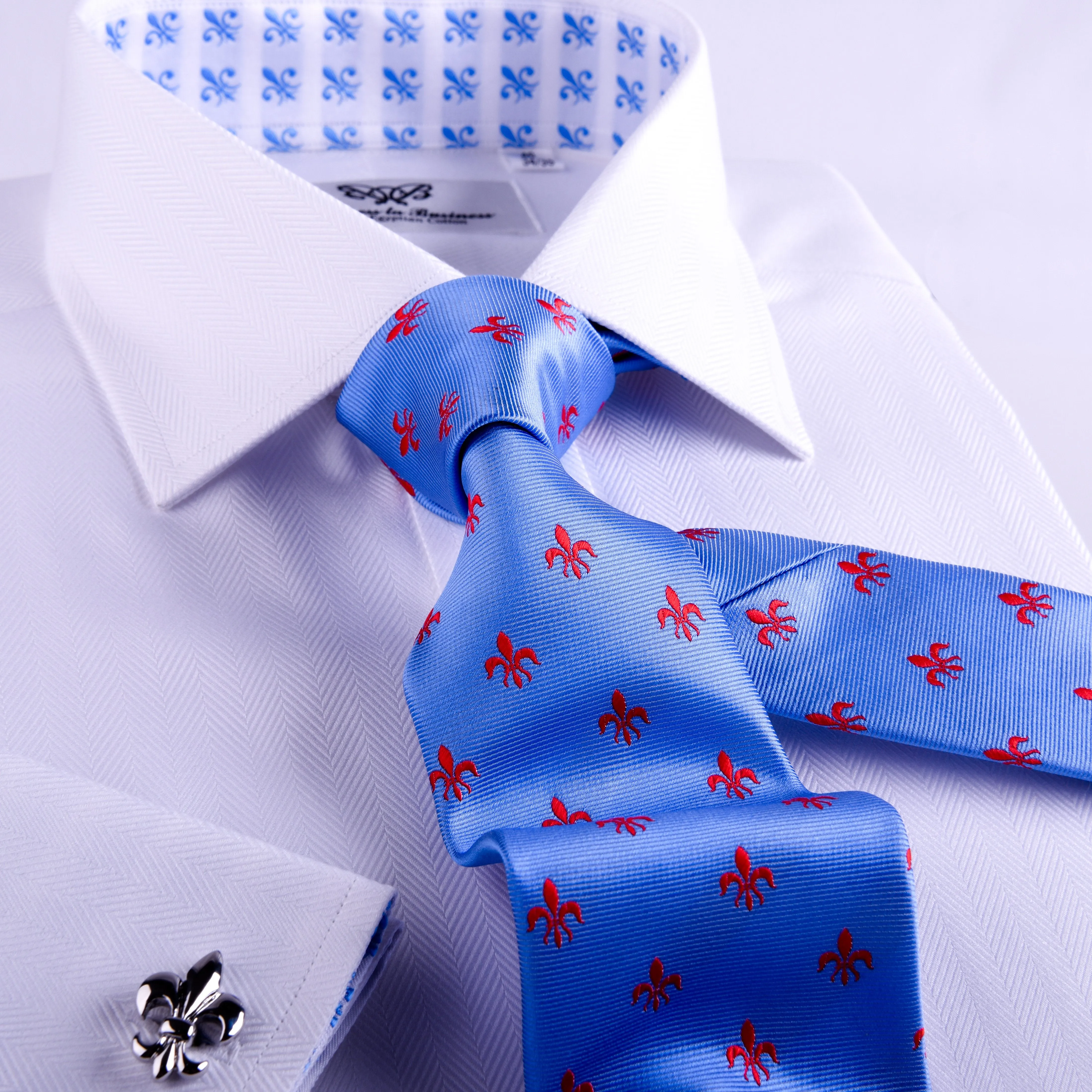 The White Herringbone Formal Business Dress Shirt Blue Fleur-De-Lis Fashion