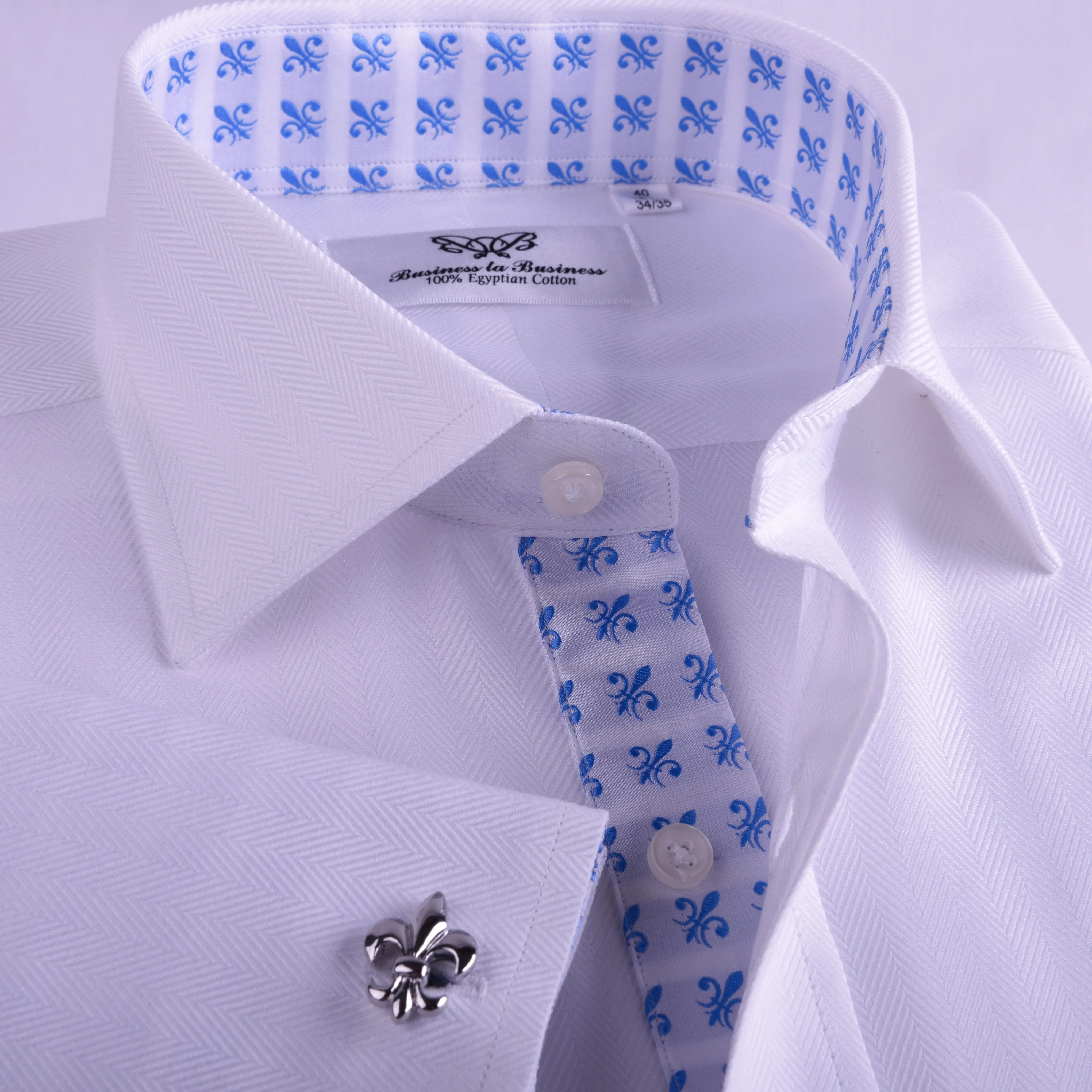 The White Herringbone Formal Business Dress Shirt Blue Fleur-De-Lis Fashion