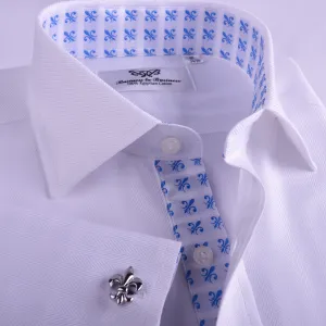 The White Herringbone Formal Business Dress Shirt Blue Fleur-De-Lis Fashion