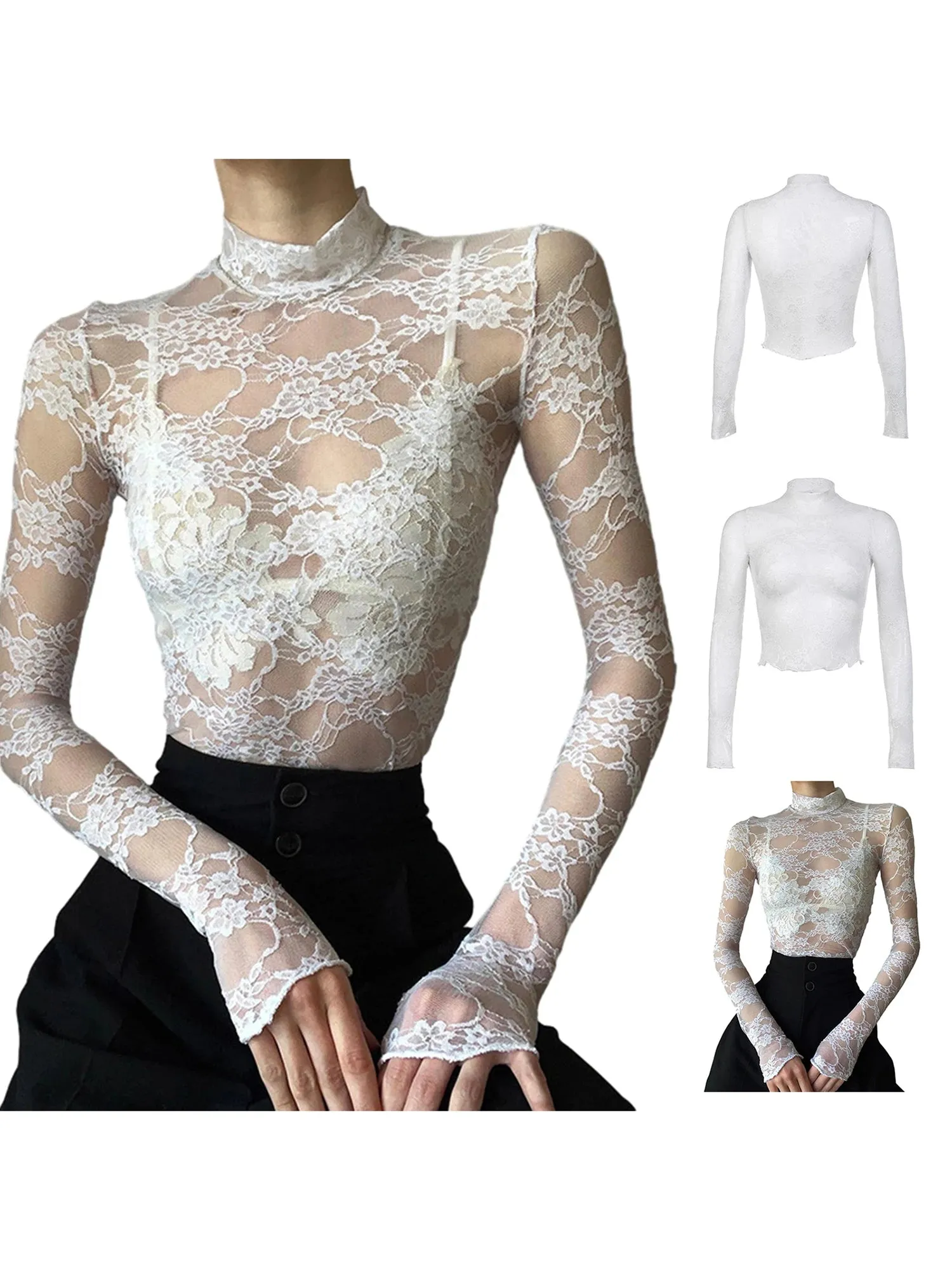 Trendy Lace Floral Mock Neck Blouse