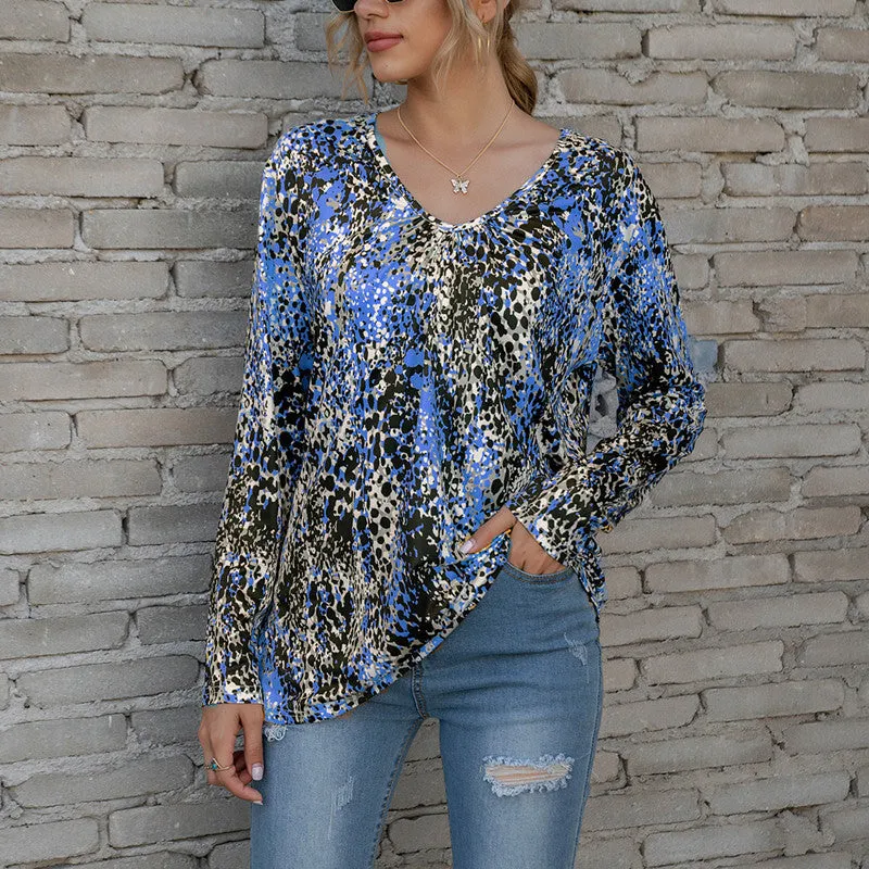 V-neck pleated Zou print long-sleeved plus size T-shirt top