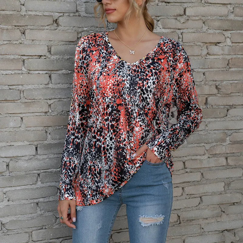 V-neck pleated Zou print long-sleeved plus size T-shirt top