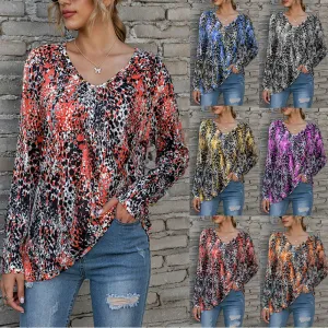 V-neck pleated Zou print long-sleeved plus size T-shirt top