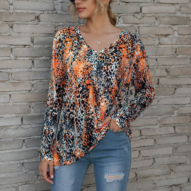 V-neck pleated Zou print long-sleeved plus size T-shirt top