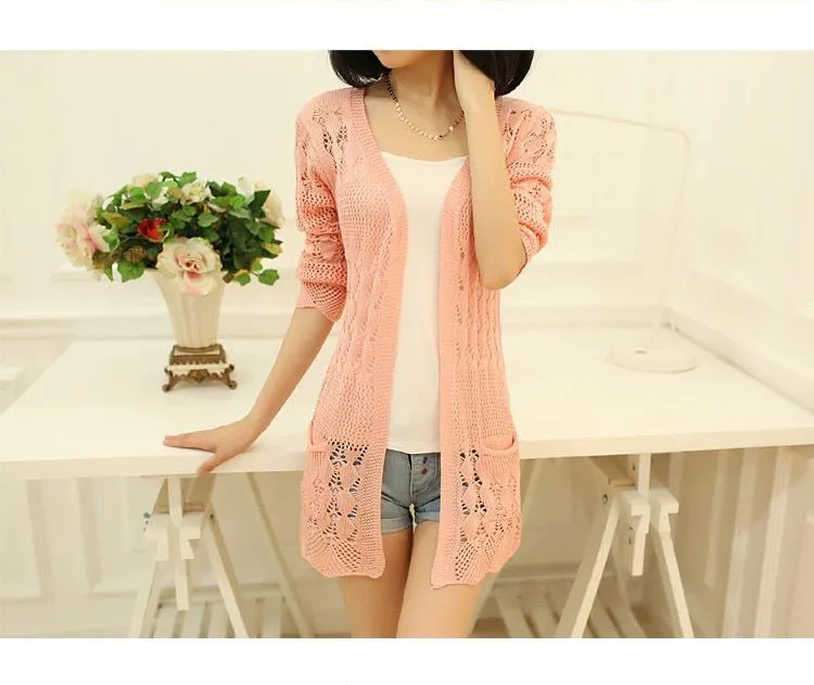 VenusFox Thin knit cardigan sweater spring jacket in the long section of a hollow loose shawl