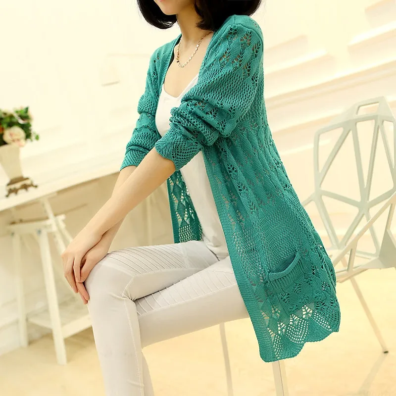 VenusFox Thin knit cardigan sweater spring jacket in the long section of a hollow loose shawl