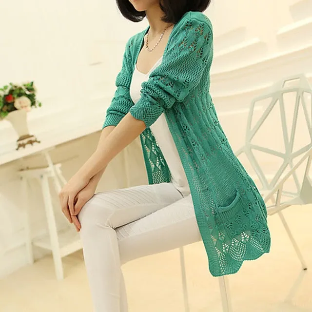 VenusFox Thin knit cardigan sweater spring jacket in the long section of a hollow loose shawl