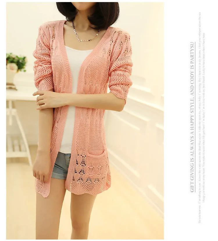 VenusFox Thin knit cardigan sweater spring jacket in the long section of a hollow loose shawl