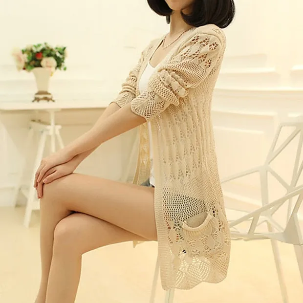 VenusFox Thin knit cardigan sweater spring jacket in the long section of a hollow loose shawl