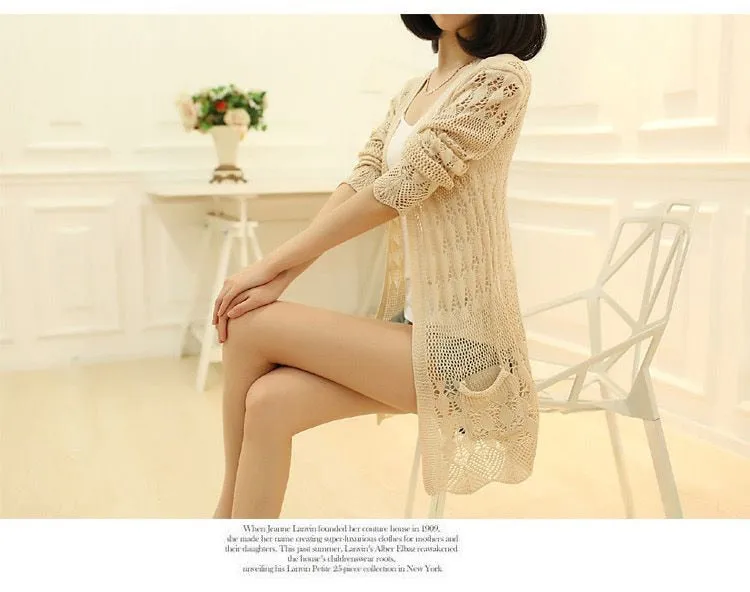 VenusFox Thin knit cardigan sweater spring jacket in the long section of a hollow loose shawl