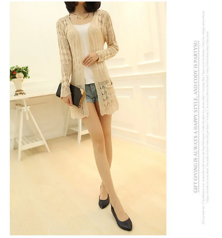 VenusFox Thin knit cardigan sweater spring jacket in the long section of a hollow loose shawl