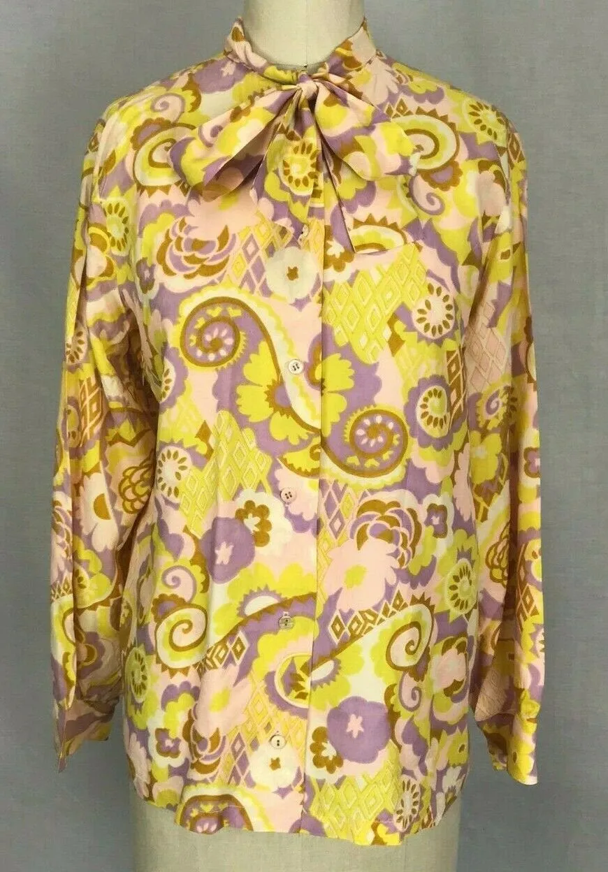 Vintage 60s 70s Yellow Purple MOD Psychedelic Disco Op Art shirt top Blouse M