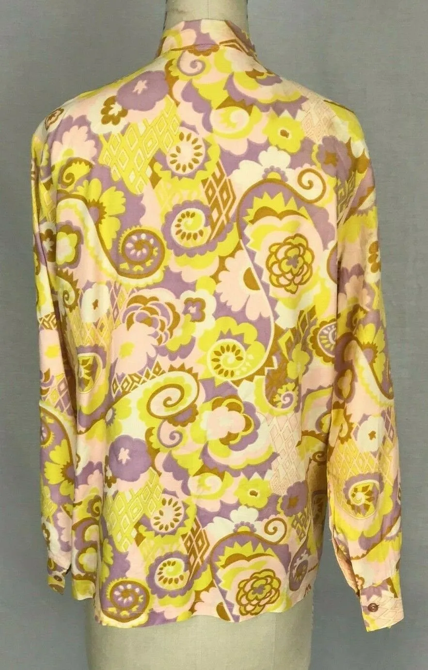 Vintage 60s 70s Yellow Purple MOD Psychedelic Disco Op Art shirt top Blouse M