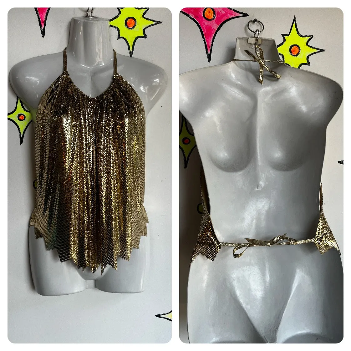 Vintage 70s 80s | Gold Disco Mesh Chainmail Neiman Marcus Halter Top | One Size