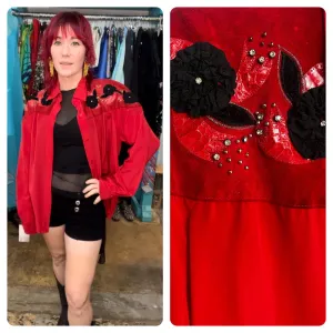 Vintage 80s 90s | Red Embellished Western Silk and Leather Shirt Blouse | L XL