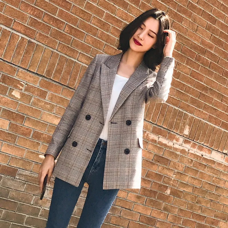 Vintage Female Double Breasted Plaid Blazer With Pockets For Spring