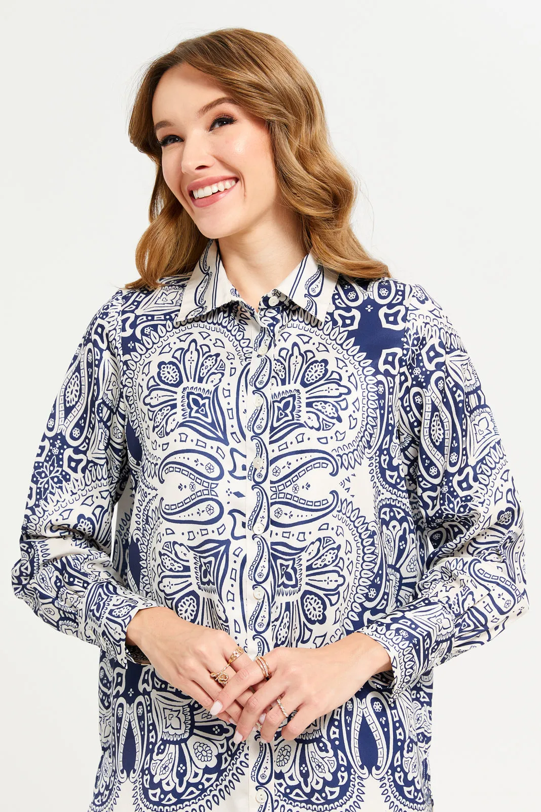 Women White Printed Collared Blouse