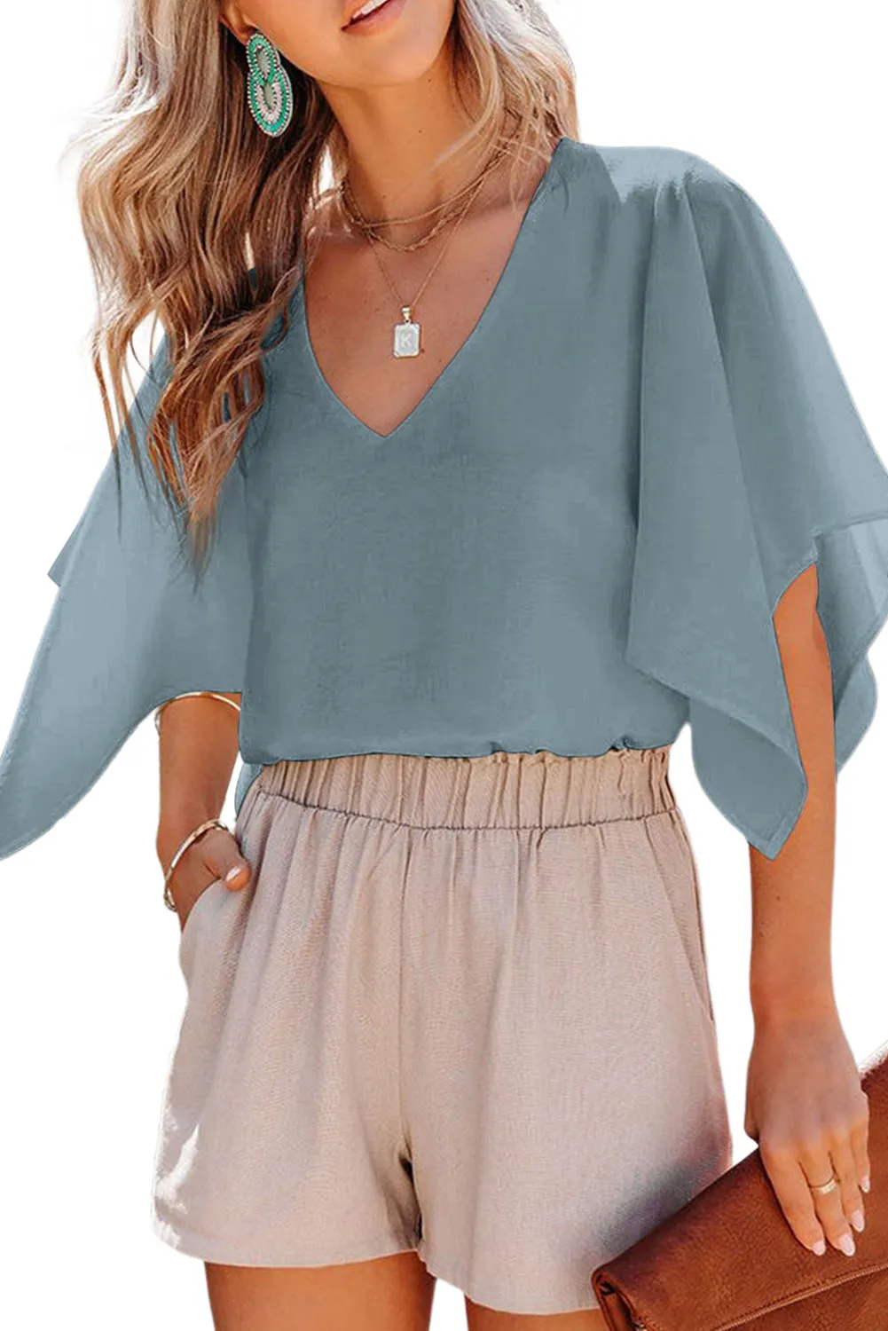 Women's Blouses Casual V Neck Ruffle Short Sleeve Summer Tops Shirts