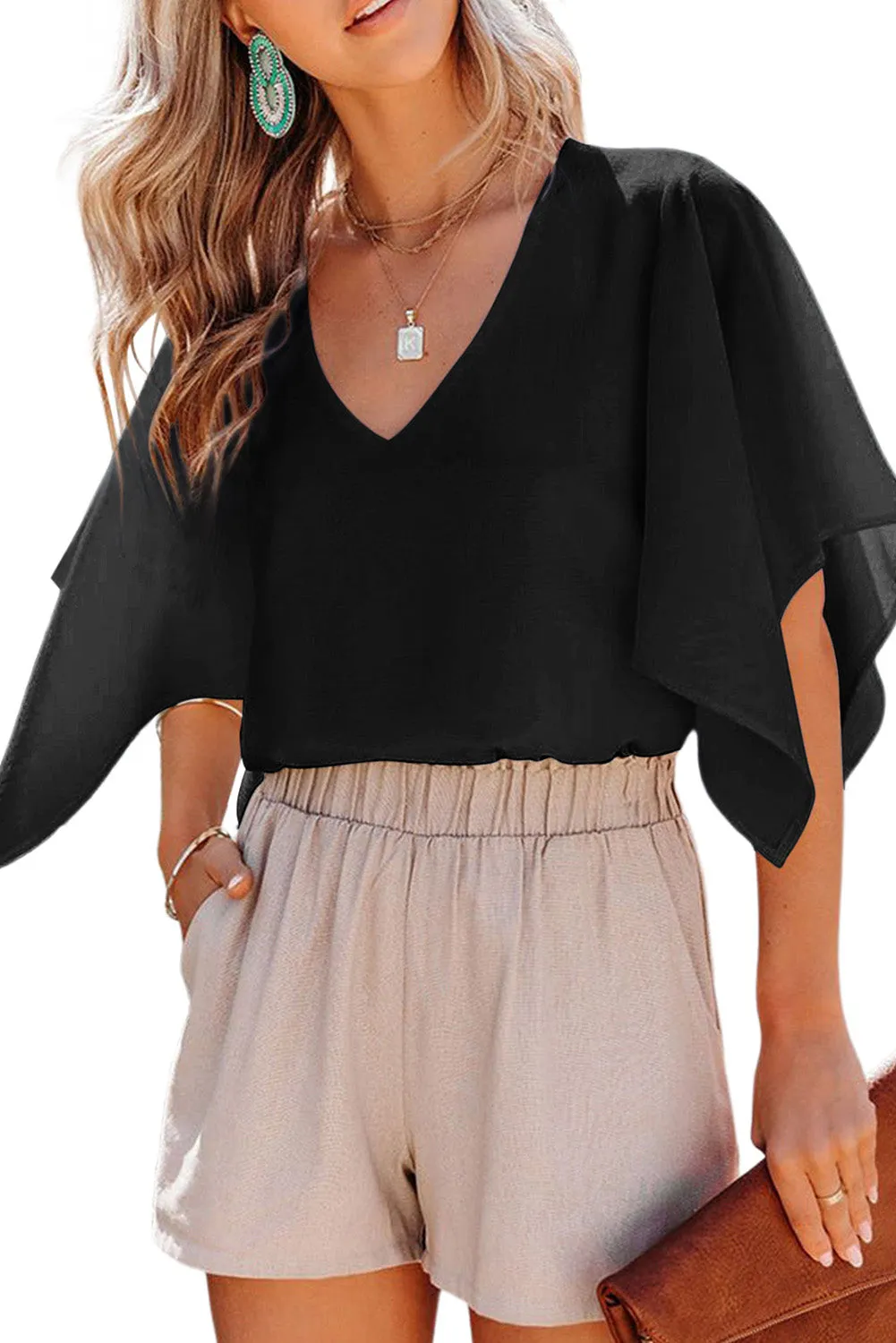 Women's Blouses Casual V Neck Ruffle Short Sleeve Summer Tops Shirts