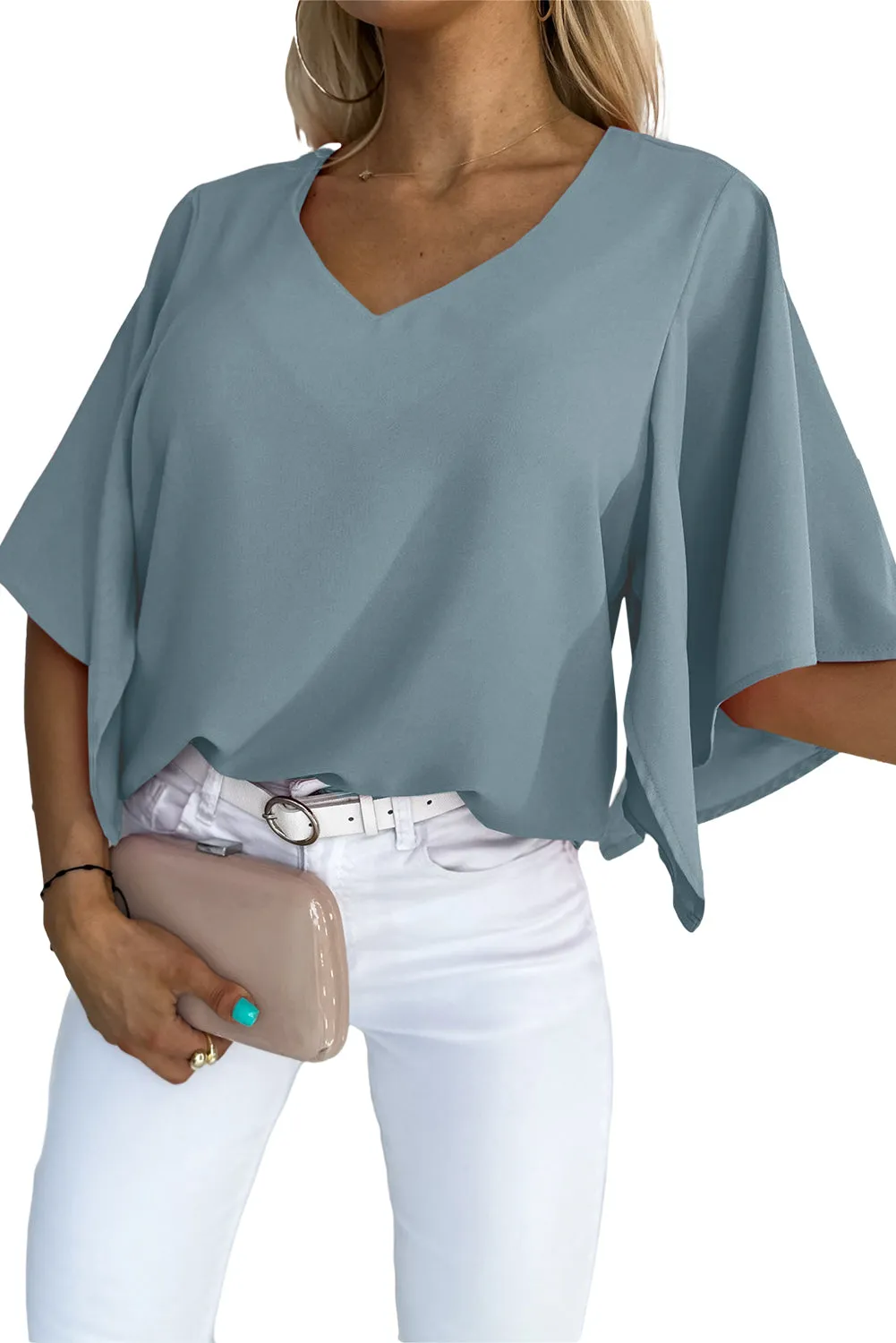 Women's Blouses Casual V Neck Ruffle Short Sleeve Summer Tops Shirts