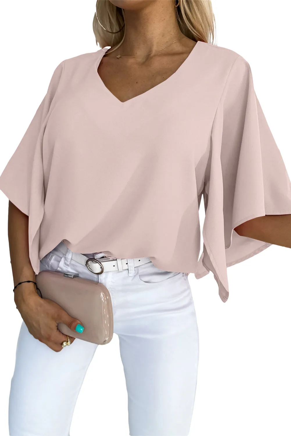 Women's Blouses Casual V Neck Ruffle Short Sleeve Summer Tops Shirts