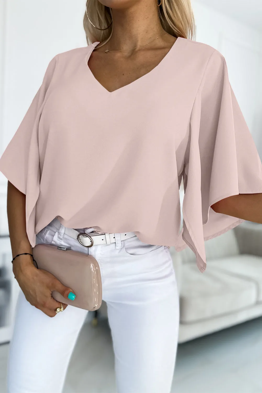 Women's Blouses Casual V Neck Ruffle Short Sleeve Summer Tops Shirts