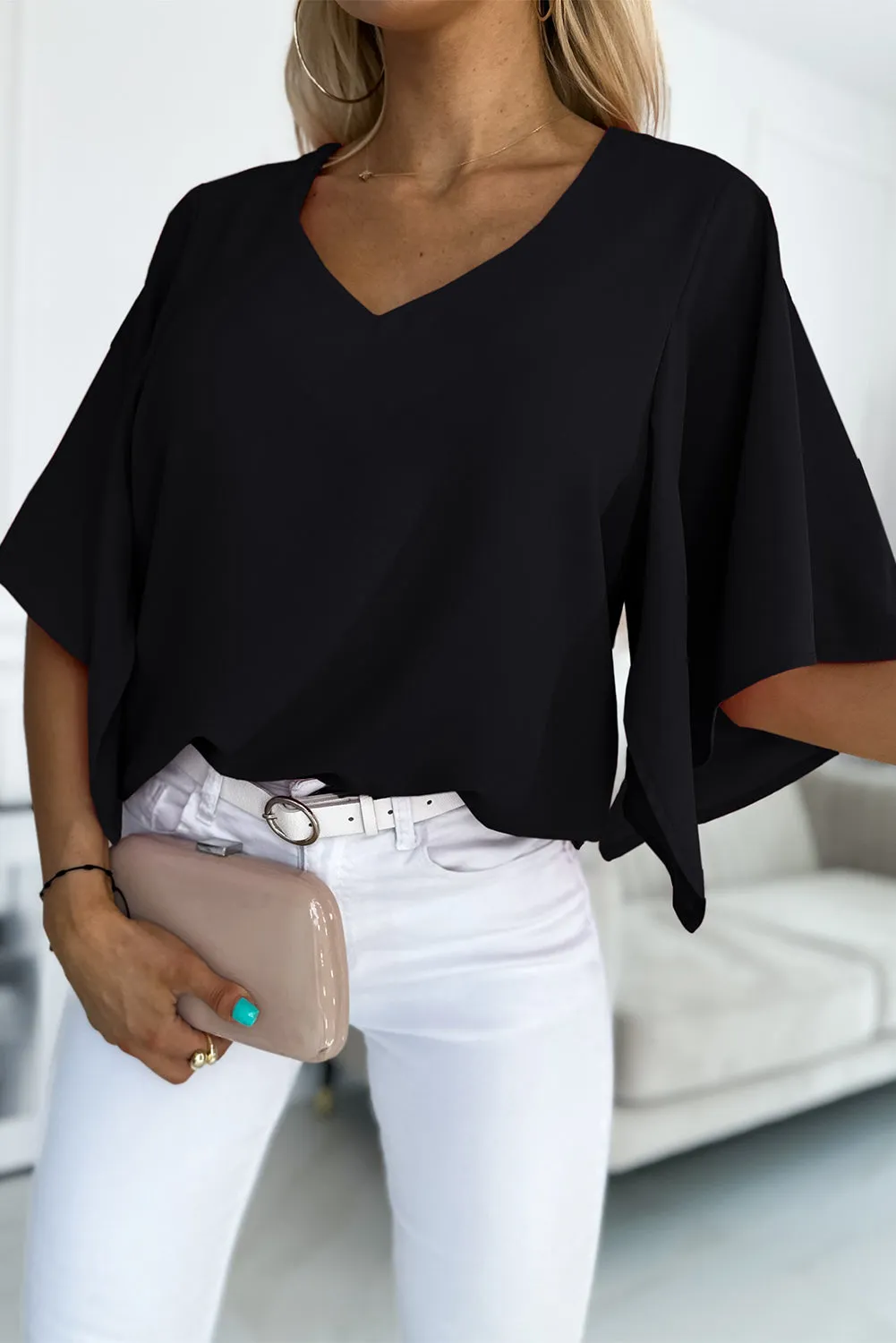 Women's Blouses Casual V Neck Ruffle Short Sleeve Summer Tops Shirts