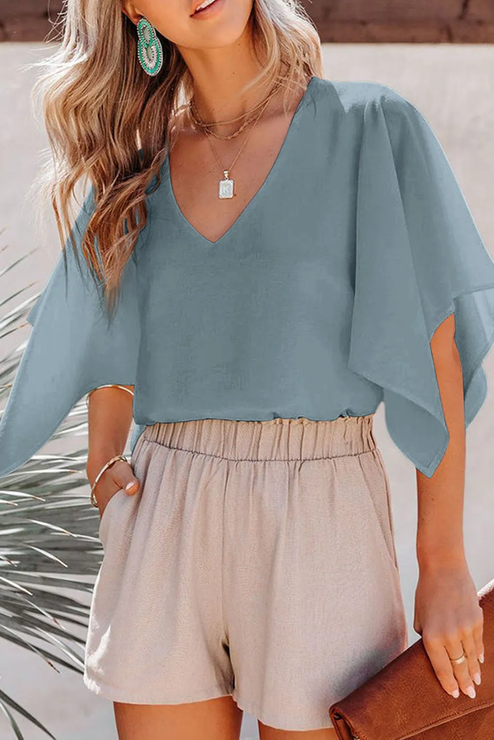 Women's Blouses Casual V Neck Ruffle Short Sleeve Summer Tops Shirts