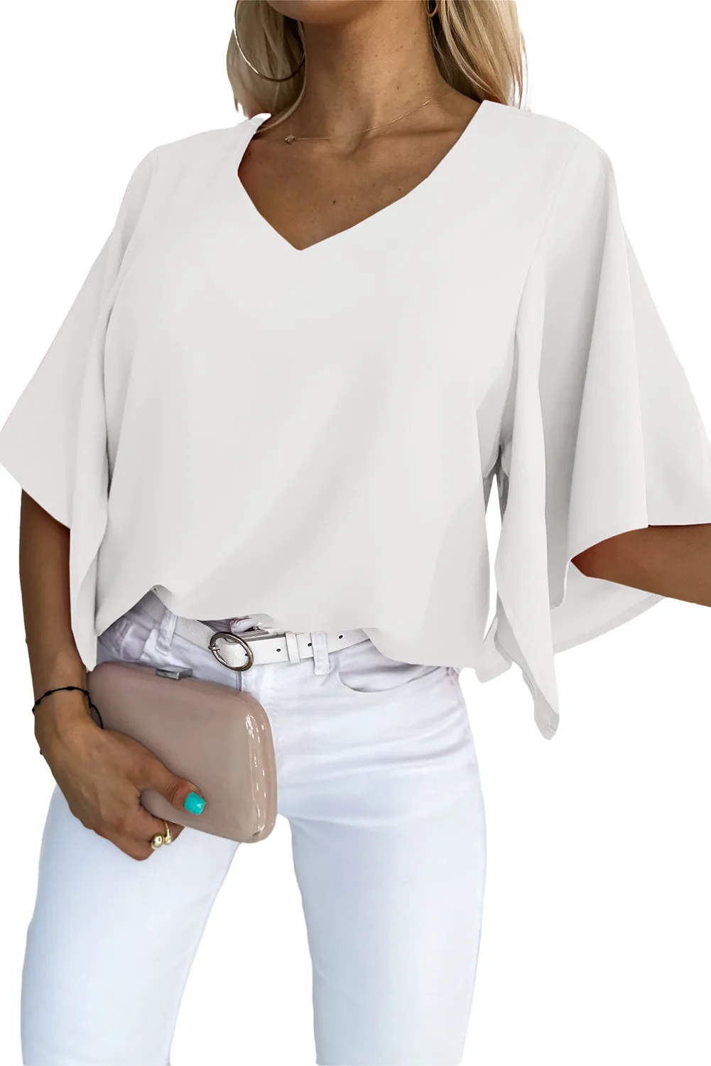 Women's Blouses Casual V Neck Ruffle Short Sleeve Summer Tops Shirts