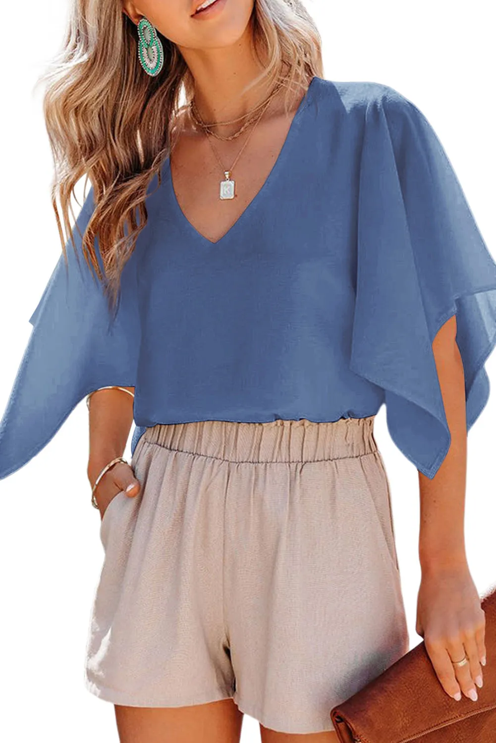 Women's Blouses Casual V Neck Ruffle Short Sleeve Summer Tops Shirts