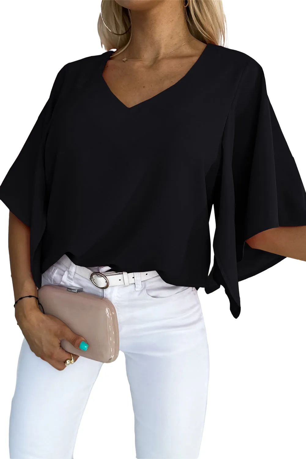 Women's Blouses Casual V Neck Ruffle Short Sleeve Summer Tops Shirts