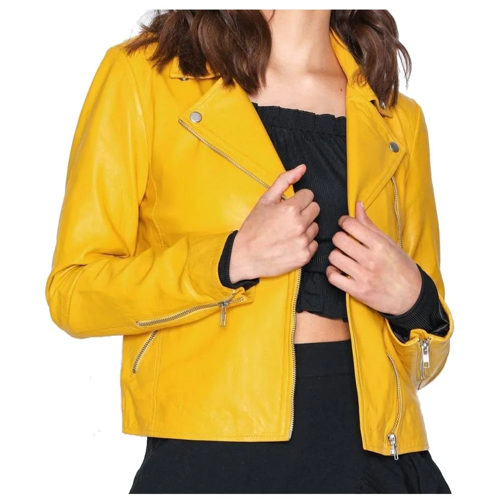 Yellow Retro Women Fashion Leather Jacket